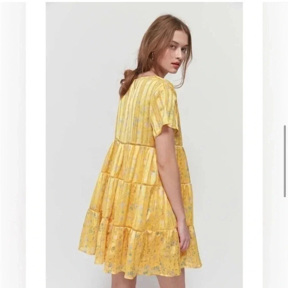 Urban Outfitters Yellow Gold Pippa Chiffon Tiered Floral Mini Dress Size XS - Picture 3 of 14